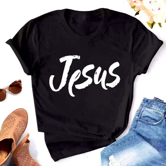 ⭐️ Brand New Large  Black  Jesus  Printed T-shirt Women - Picture 1 of 4